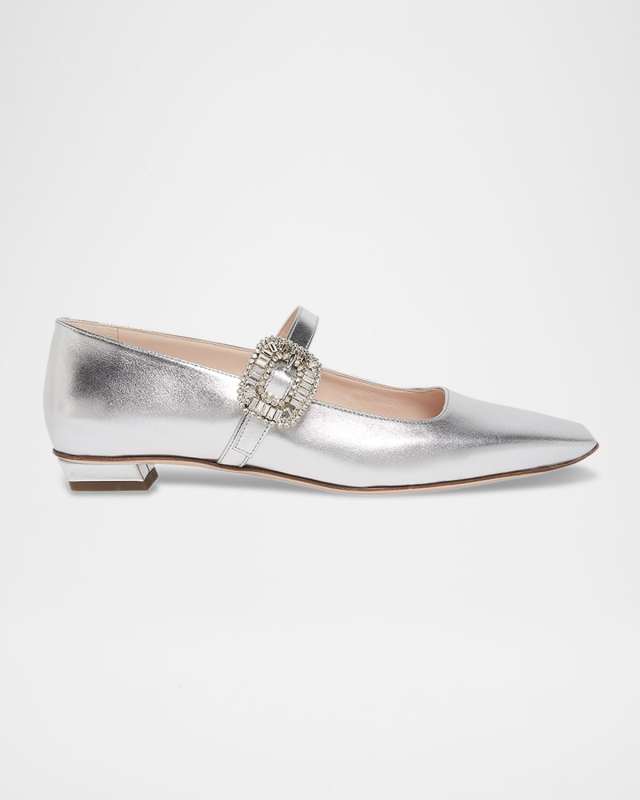 Belle Vivier Metallic Leather Crystal Buckle Mary Jane Ballerina Flats